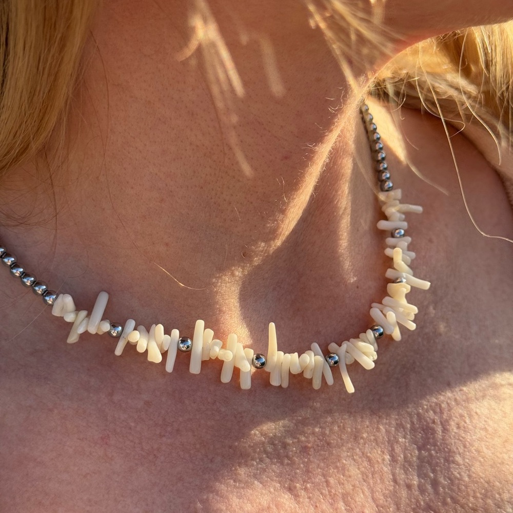 Natural Coral & Silver Bead Necklace – Handmade